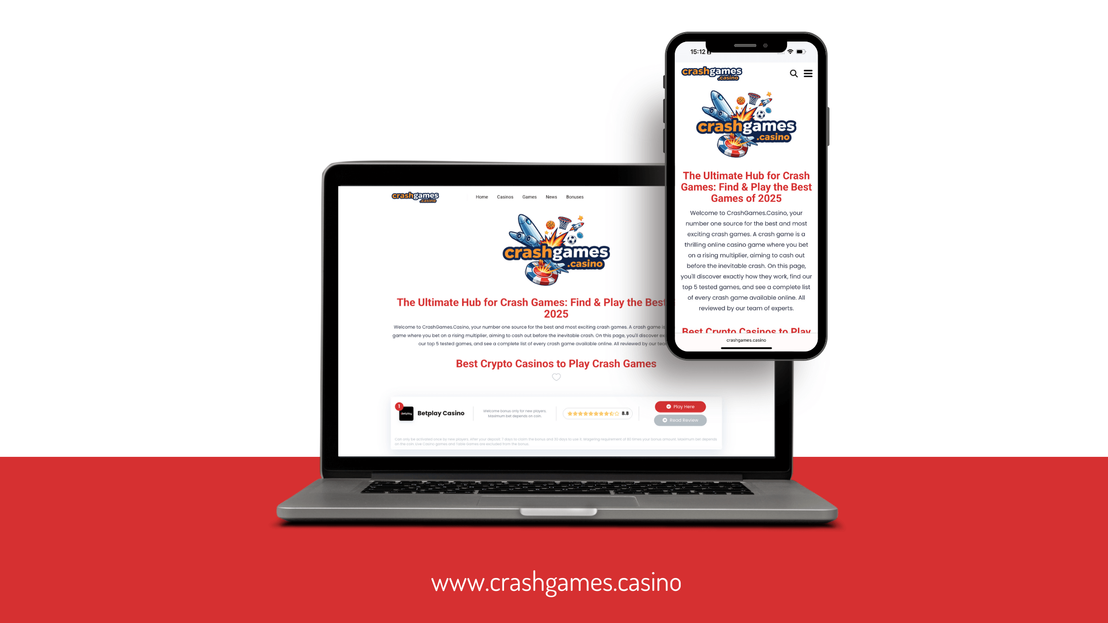 Mockup van de CrashGames.casino website op desktop en mobiel