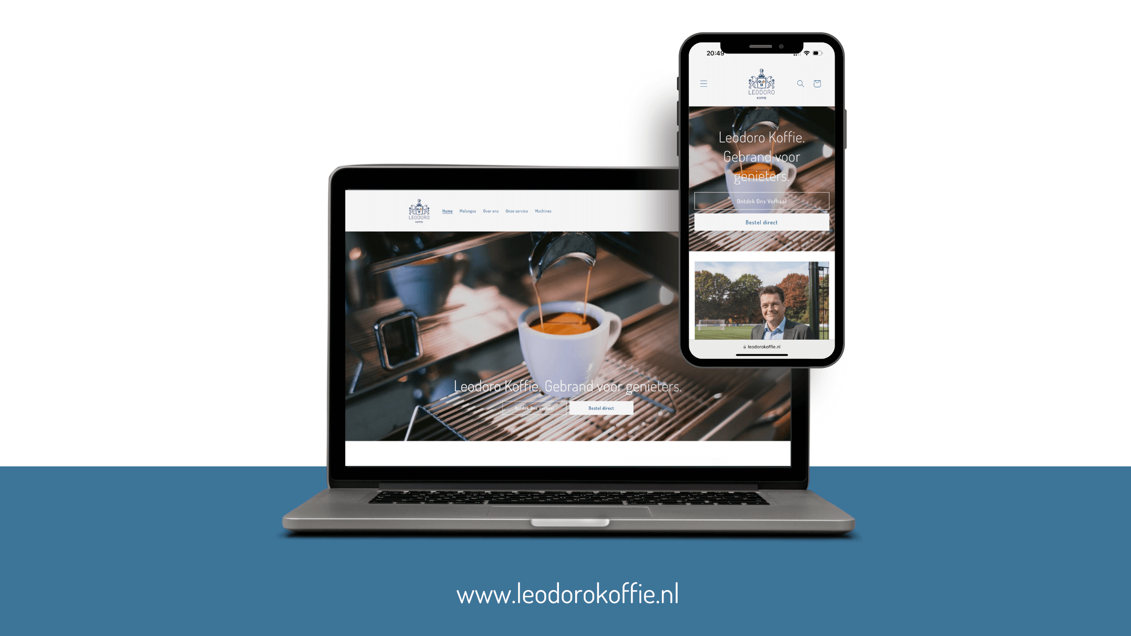 Mockup van de Leodoro Koffie website op desktop en mobiel